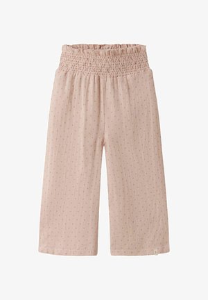 Light pink wide-leg pants with small dotted pattern and gathered elastic waistband, cropped length, and fabric tag on hem.