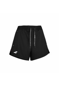 Pantalones cortos deportivos negros con cintura elástica, cordón, aberturas laterales y detalles reflectantes. Presenta un logo en el lado inferior izquierdo.