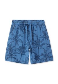 Costume da bagno blu con motivo a palma in navy. Vita elastica con cordino. Tessuto morbido, design leggero.