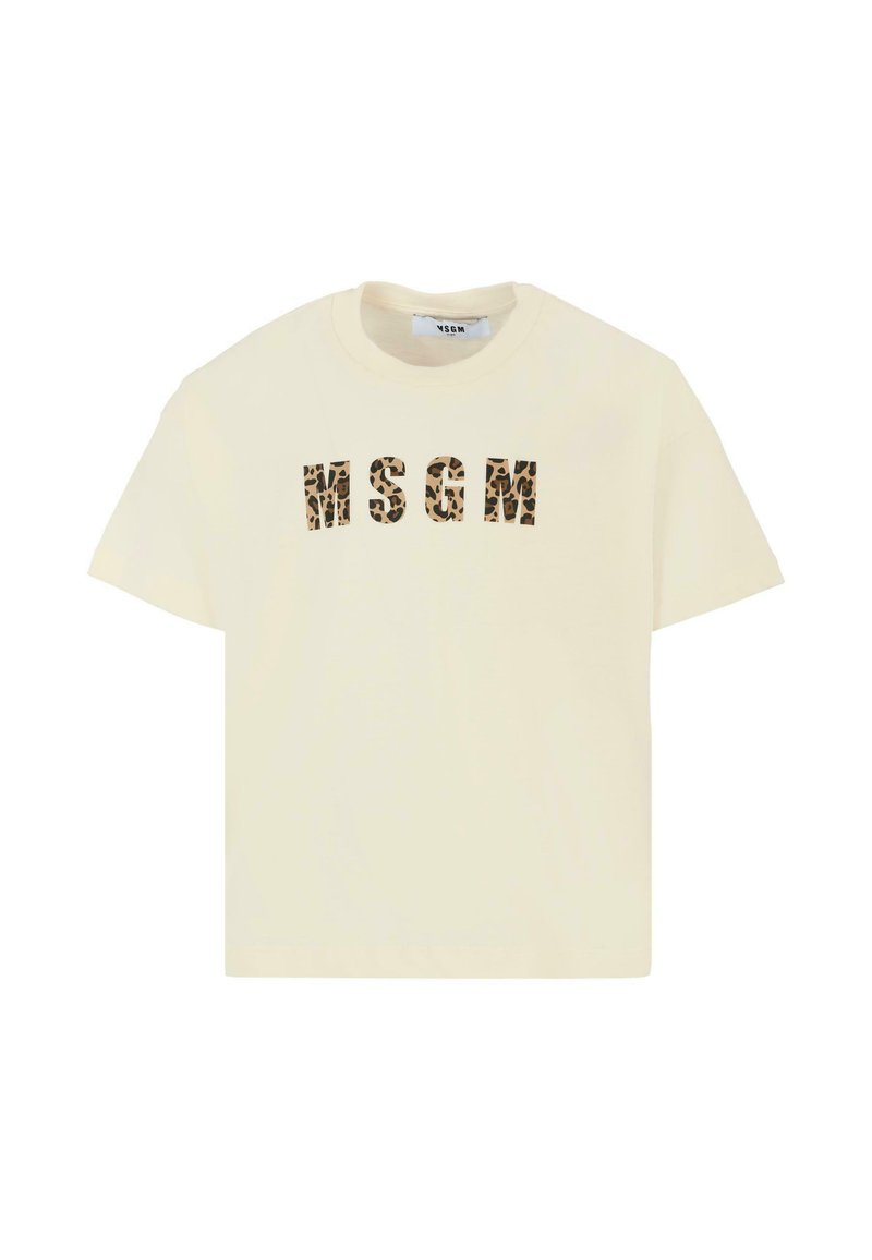 Kremowy t-shirt z krótkim rękawem z logo "MSGM" w panterkę. Miękka tkanina, luźny krój, okrągły dekolt i widoczne detale szwów.