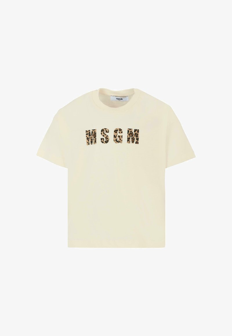 Kremowy t-shirt z krótkim rękawem z logo "MSGM" w panterkę. Miękka tkanina, luźny krój, okrągły dekolt i widoczne detale szwów.