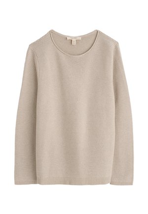 Bežový pul over s rebrovanou textúrou, okrúhlym výstrihom a dlhými rukávmi. Mäkká tkanina s voľným strihom a rebrovanými detailmi na leme.