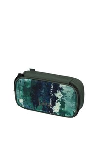 Green pencil case with abstract blue/green pattern, zip closure, and fabric sides. Features a logo and a rectangular shape.