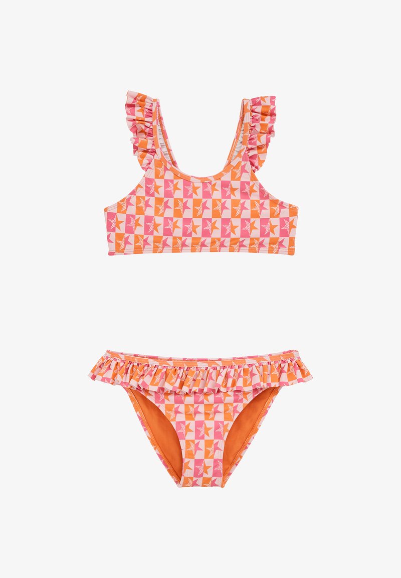 Ensemble de bikini en deux pièces comprenant un haut à motifs d'étoiles rose et orange avec des bretelles à volants et un bas assorti à volants.
