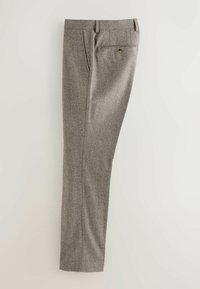 Grau gemusterte Hose mit geradem Bein, ausgestattet mit einer Gesäßtasche mit Knopfverschluss und Gürtelschlaufen am Bund.