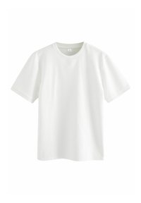 White short-sleeve t-shirt with a textured, waffle pattern. Features a round neckline and ribbed trim. Smooth fabric finish.