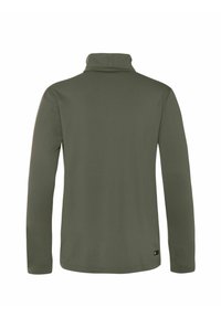 Langärmliger Pullover in Olivgrün, aus glattem Stoff mit hohem Kragen und figurbetonter Passform. Mit kleinem Logo am Saum.
