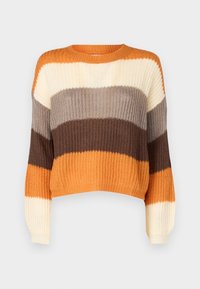 Chunky gestrickter Rundhalspullover mit horizontalen Streifen in Orange, Creme, Taupe und Braun, mit langen Ärmeln sowie gerippten Bündchen und Saum.