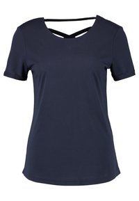 Camisa de manga corta azul marino con escote redondeado y detalle de espalda entrecruzada. Fabricada con una tela suave y lisa con un corte relajado.