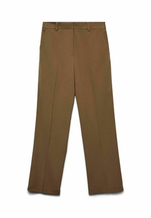 Pantalons larges marron, présentant une texture lisse, des passants de ceinture et des poches latérales avec un design ajusté et des lignes épurées.