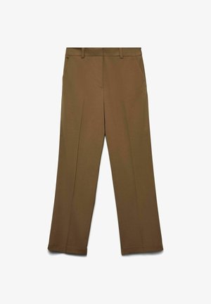 Pantaloni a gamba larga marroni, caratterizzati da una texture liscia, passanti per cintura e tasche laterali con un design sartoriale e linee pulite.