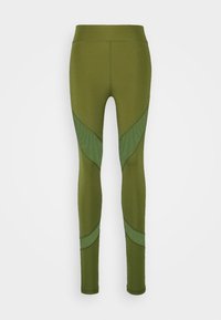 Leggings verde oliva con un design aderente, caratterizzati da accenti geometrici verde scuro e una texture liscia e elastica.