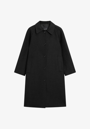 Zwarte jas van een wolmix, voorzien van een kraag, knoopsluiting, twee zijzakken en een rechte snit met lange mouwen.