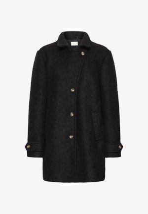 Wool-blend black coat with a structured collar, double-breasted front, gold-tone buttons, and side pockets. Classic straight cut design.
