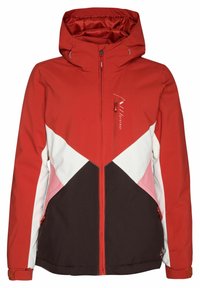 Veste d'hiver à capuche pour femme, rouge, blanche, rose et noire, avec fermeture éclair avant et poche poitrine, présentant un design géométrique en blocs de couleur.