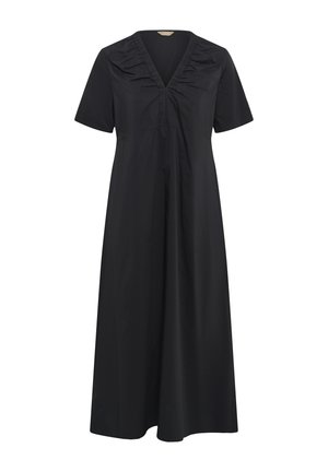 Mustast midi kleidist, millel on lühikesed varrukad, kogutud V-kaelus ja lõdva, voolava lõikega istuvus.