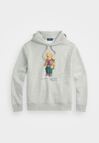 Šedá bavlněná mikina s kapucí, která má barevnou grafiku oblečeného medvěda, s klokaní kapsou a kapucí na stahování. Obsahuje logo "POLO BEAR by RALPH LAUREN".