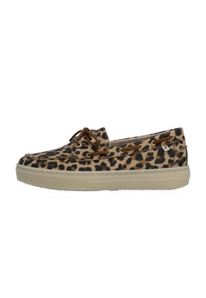 Leopard print slip-on casual shoe with brown laces, beige rubber sole, and decorative eyelets along the sides.
