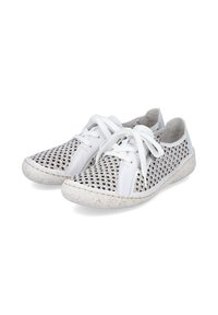 White sneakers with a mesh upper, featuring a textured pattern and white laces, complemented by a speckled rubber sole.
