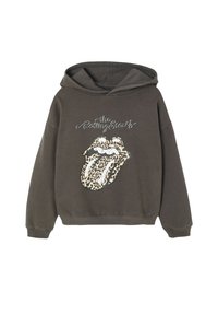 Grauer Baumwoll-Hoodie mit großem Leopardenmuster-Logo der Rolling Stones auf der Vorderseite. Mit Kapuze mit Zugband und gerippten Bündchen.