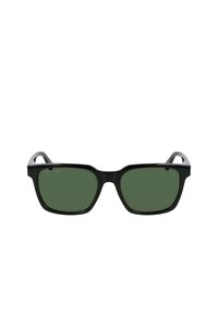 Ochelari de soare negri cu rame pătrate, lentile colorate verde și detalii texturate pe brate. Logo-ul Lacoste este vizibil pe unul dintre brate.