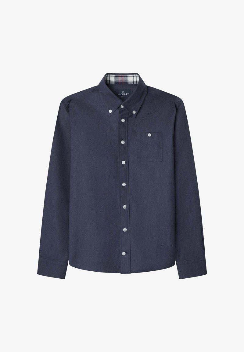 Chemise bleu marine à manches longues avec poche poitrine boutonnée et doublure intérieure du col à carreaux.