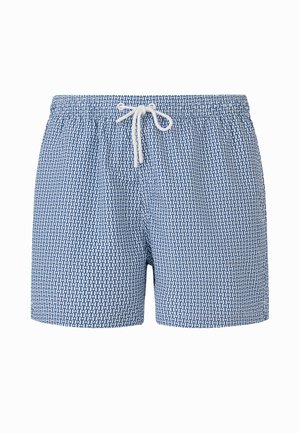 Niebieskie kąpielówki męskie z białym geometrycznym wzorem i białym sznurkiem w elastycznym pasie.