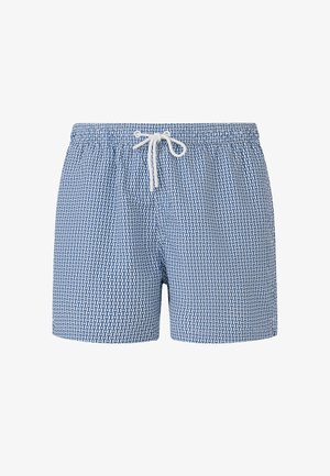 Herren-Badeshorts in Blau mit weißem geometrischem Muster und weißem Kordelzug am elastischen Bund.