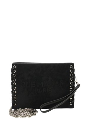 Borsa a pochette in suede nero con testo impresso "RUE MADAM PARIS", lati con lacci, hardware in tonalità argento e tracolla regolabile.