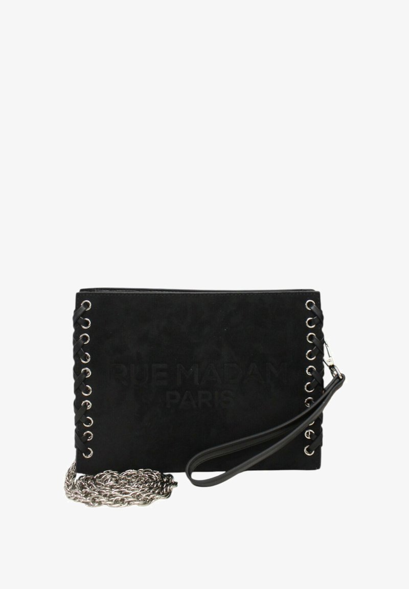 Borsa a pochette in suede nero con testo impresso "RUE MADAM PARIS", lati con lacci, hardware in tonalità argento e tracolla regolabile.