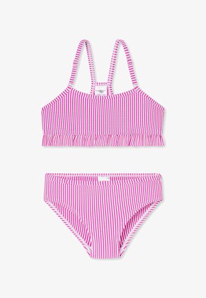 Pink-weiß gestreifter Bikini mit einer gerafften Oberseite mit dünnen Trägern und passenden Unterteilen, konzipiert für Komfort und Beweglichkeit.