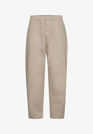 Beige, elastic-waist pants with a straight cut. Made of soft fabric with a smooth texture and no visible patterns or accents.