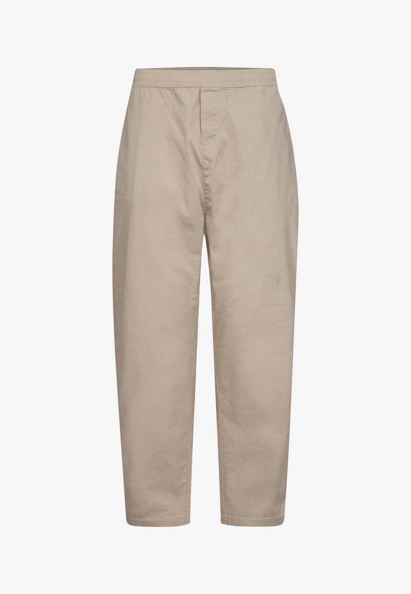 Beige Hosen mit elastischem Bund und geradem Schnitt. Hergestellt aus weichem Stoff mit glatter Textur und ohne sichtbare Muster oder Akzente.