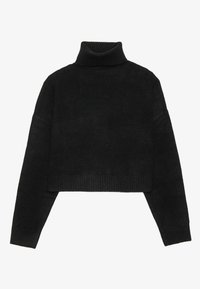 Schwarzer, kurzer Pullover mit einem gerippten Rollkragen und Bündchen, der eine glatte Textur und eine lockere Passform aufweist. Einfaches, minimalistisches Design.