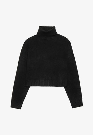 Černý zkrácený svetr s ribbovaným rolákem a manžetami, s hladkou texturou a volným střihem. Jednoduchý, minimalistický design.