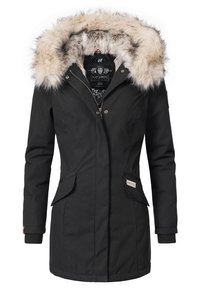 Schwarze Parka-Jacke mit einer mit Pelz gefütterten Kapuze, Reißverschluss und Druckknopfverschluss, zwei Fronttaschen, gerippten Bündchen und einem dekorativen Markenetikett.