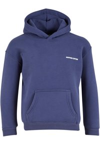 Tmavomodrá mikina s kapucňou vyrobená z bavlny, s prednou kapsou, ribovanými manžetami a dolným okrajom, a bielym logom "ANOTHER COTTON" na hrudi.