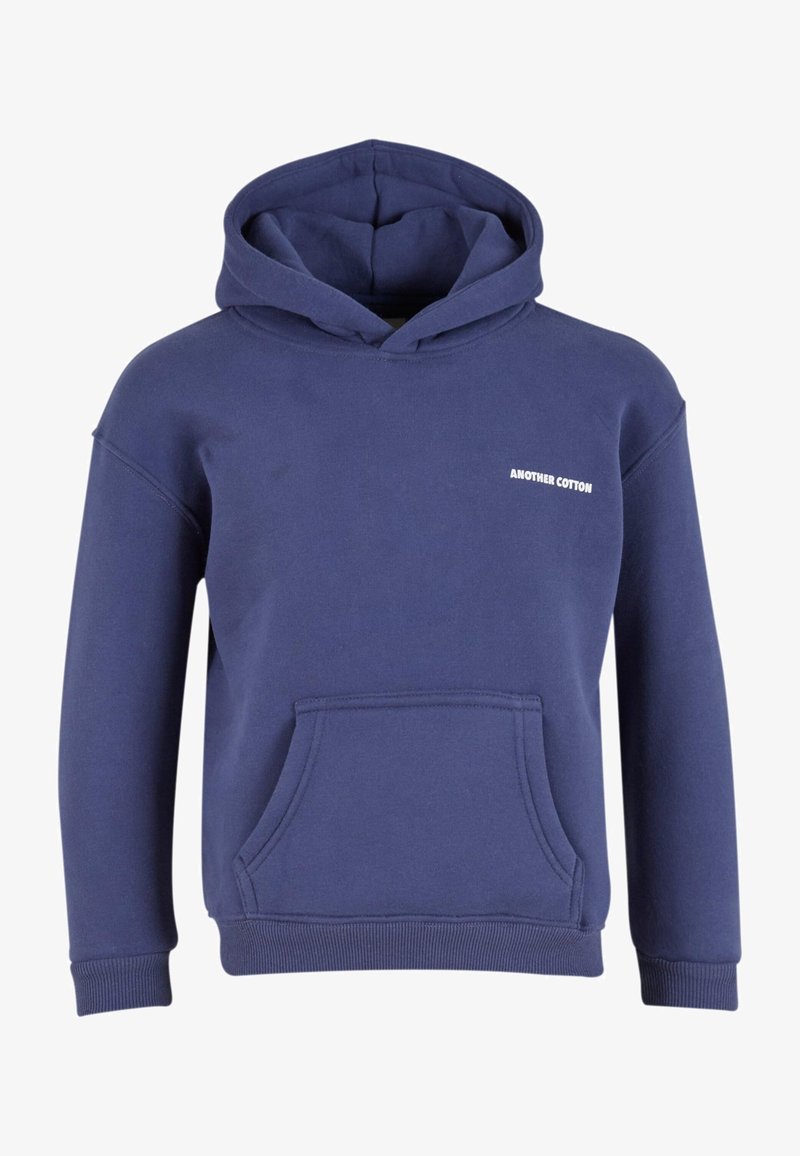 Tamsiai mėlynas medvilnė juodas džemperis su priekine kišene, briaunotomis rankovėmis ir apačia, bei balta "ANOTHER COTTON" logo ant krūtinės.