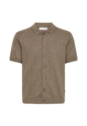 Kurzärmeliges khakifarbenes Poloshirt aus strukturiertem Stoff, mit Kragen, sieben Knöpfen vorne und geradem Saum.