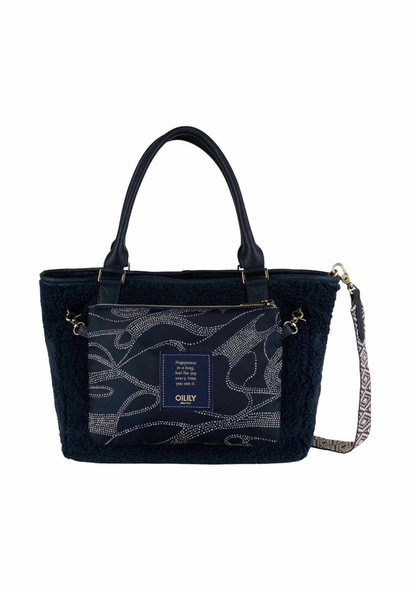 Zwarte gestructureerde totebag met dubbele handvatten, decoratieve voorste zak met een abstract patroon van witte stippen en een afneembare schouderriem met patroon.