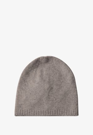 Graue Strickmütze aus weichem Material, mit glatter Textur und geripptem Saum am Rand, mit runder Oberseite.