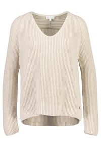 Jasnobeżowy dzianinowy sweter z dekoltem w serek, prążkowaną teksturą, długimi rękawami i lekko zaokrąglonym dołem. Posiada małe logo.