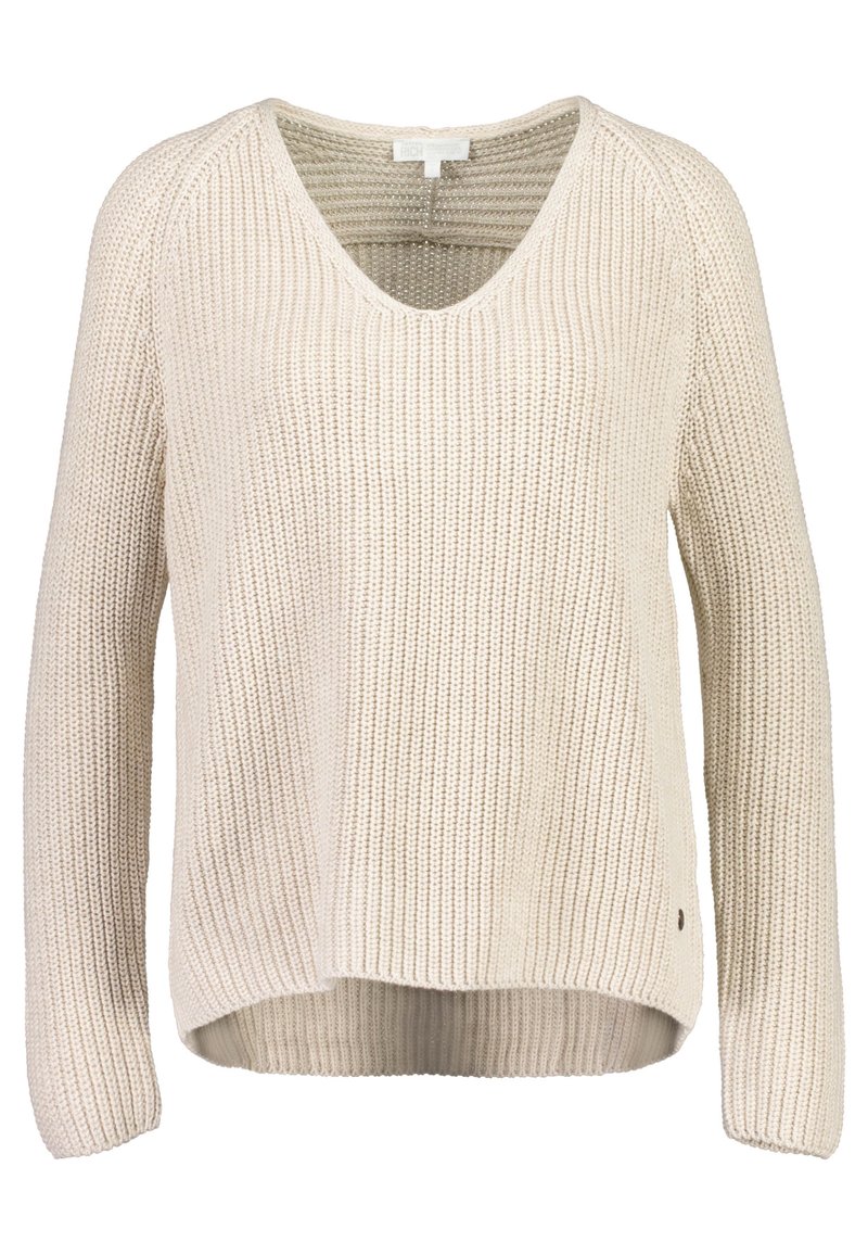 Jasnobeżowy dzianinowy sweter z dekoltem w serek, prążkowaną teksturą, długimi rękawami i lekko zaokrąglonym dołem. Posiada małe logo.