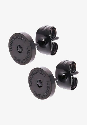 Gemelli da polso in metallo nero con un design circolare, caratterizzati da una superficie testurizzata e lettering inciso, collegati da un sottile stelo.