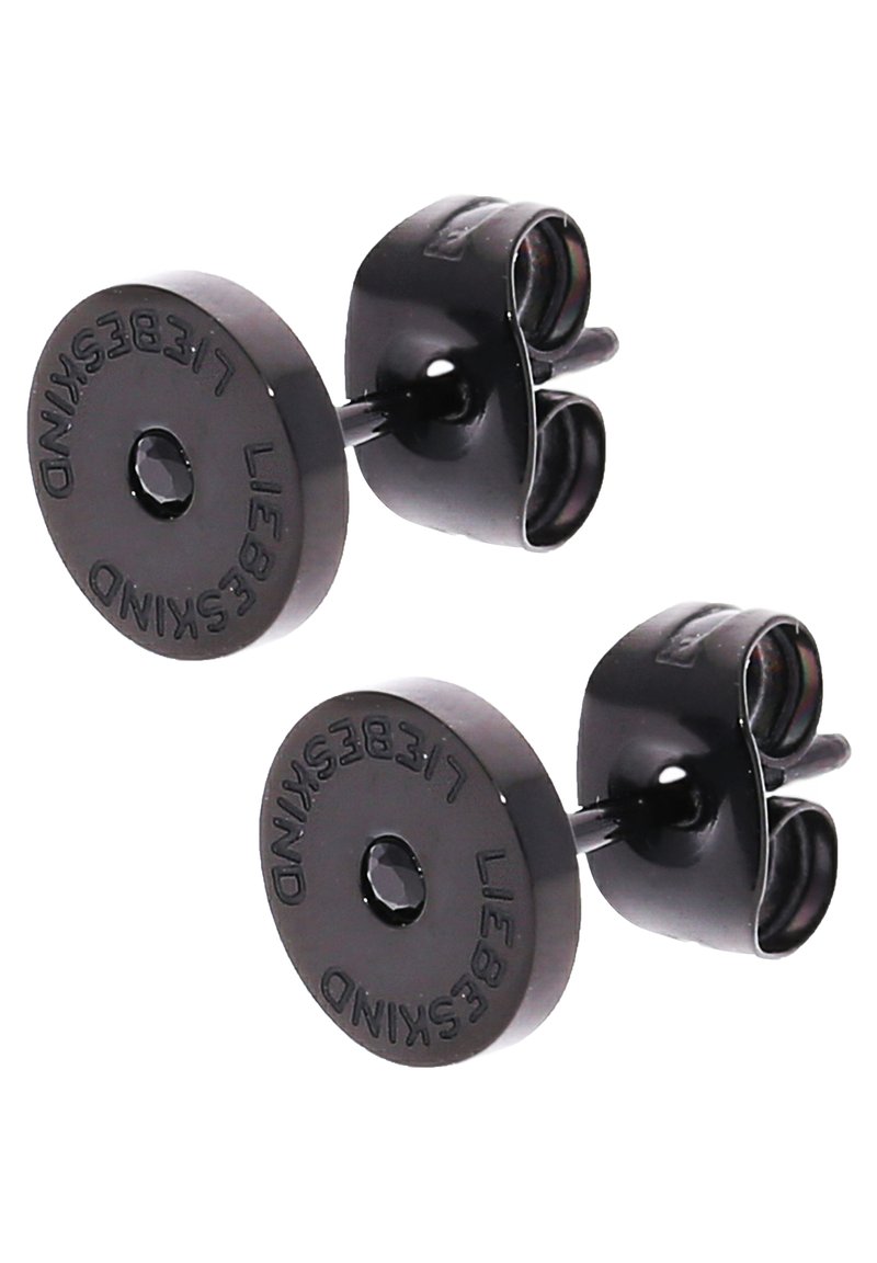 Svarta metal manschettknappar med en cirkulär design, som har en texturerad yta och graverad text, kopplade med en smal post.