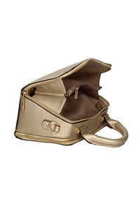 Borsa a tracolla in tessuto dorato con una forma strutturata, chiusura a doppia cerniera e manico piccolo. L'interno presenta una tasca con zip separata e foderatura in tessuto.