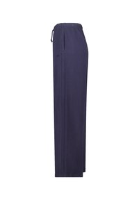 Navyblauwe wijde broek met een trekkoord in de taille, gemaakt van zachte stof, met zijzakken en een subtiel logo op de heup.