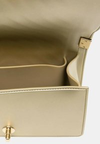 Interno della borsa in pelle color oro con texture liscia, dotato di un unico scomparto, rifinitura in bordo e dettaglio con chiusura metallica.