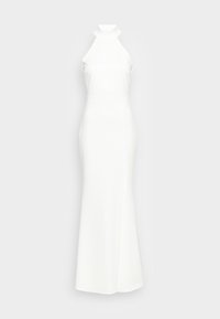 Robe blanche à col halter avec un corsage ajusté, texture lisse et jupe évasée. Présente une fente haute sur un côté.