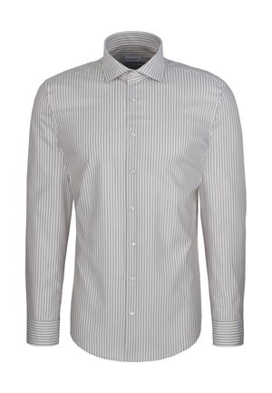 Chemise homme à manches longues boutonnée avec rayures verticales gris clair et blanc et col pointu classique, vue de face.